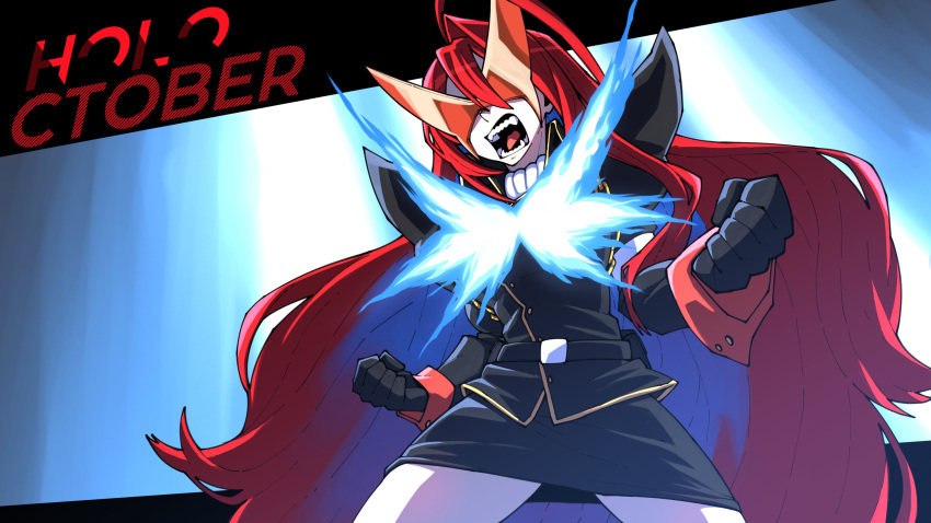 1girl, ahoge, belt, black_belt, black_gloves, black_jacket, black_skirt, blue_fire