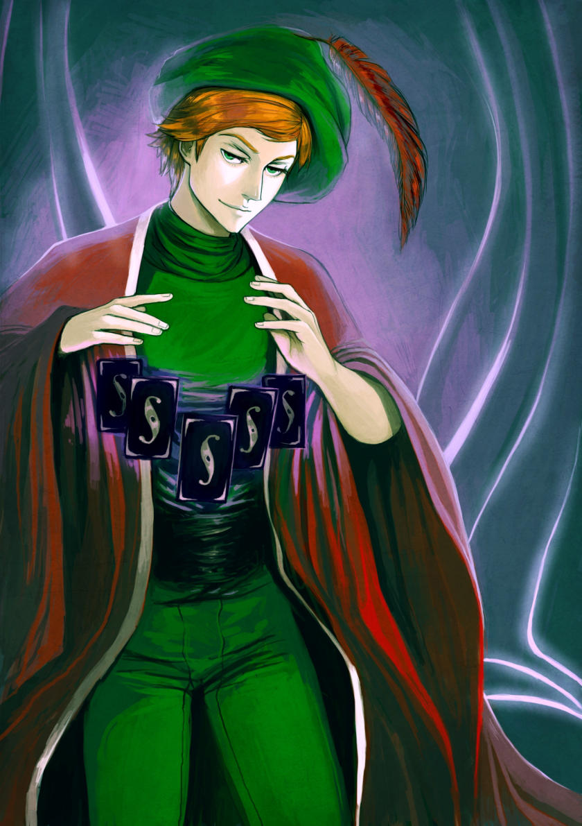 1boy, brand_(the_chronicles_of_amber), card_(medium), commission, cowboy_shot, dark-tarou, english_commentary, green_eyes