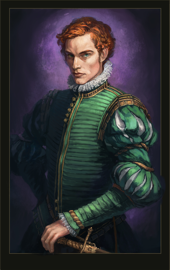 1boy, ascot, brand_(the_chronicles_of_amber), curly_hair, frills, green_eyes, green_jacket, hand_on_hilt, jacket, juliet_sleeves, long_sleeves, looking_at_viewer, male_focus, portrait, pti-spb, puffy_sleeves, purple_background, redhead, serious, short_hair, sideburns, solo, sword, the_chronicles_of_amber, upper_body, weapon