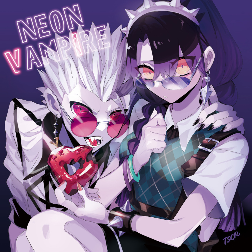 1boy, 1girl, absurdres, black_nails, bracelet, braid, doughnut, earrings, english_text, food, heart, heart-shaped_doughnut, heart-shaped_food, highres, jewelry, long_hair, nail_polish, original, pink_eyes, puppeteer7777, purple_hair, red_nails, short_hair, short_sleeves, spiked_bracelet, spikes, spiky_hair, sunglasses, twin_braids, upper_body, vampire, white_hair