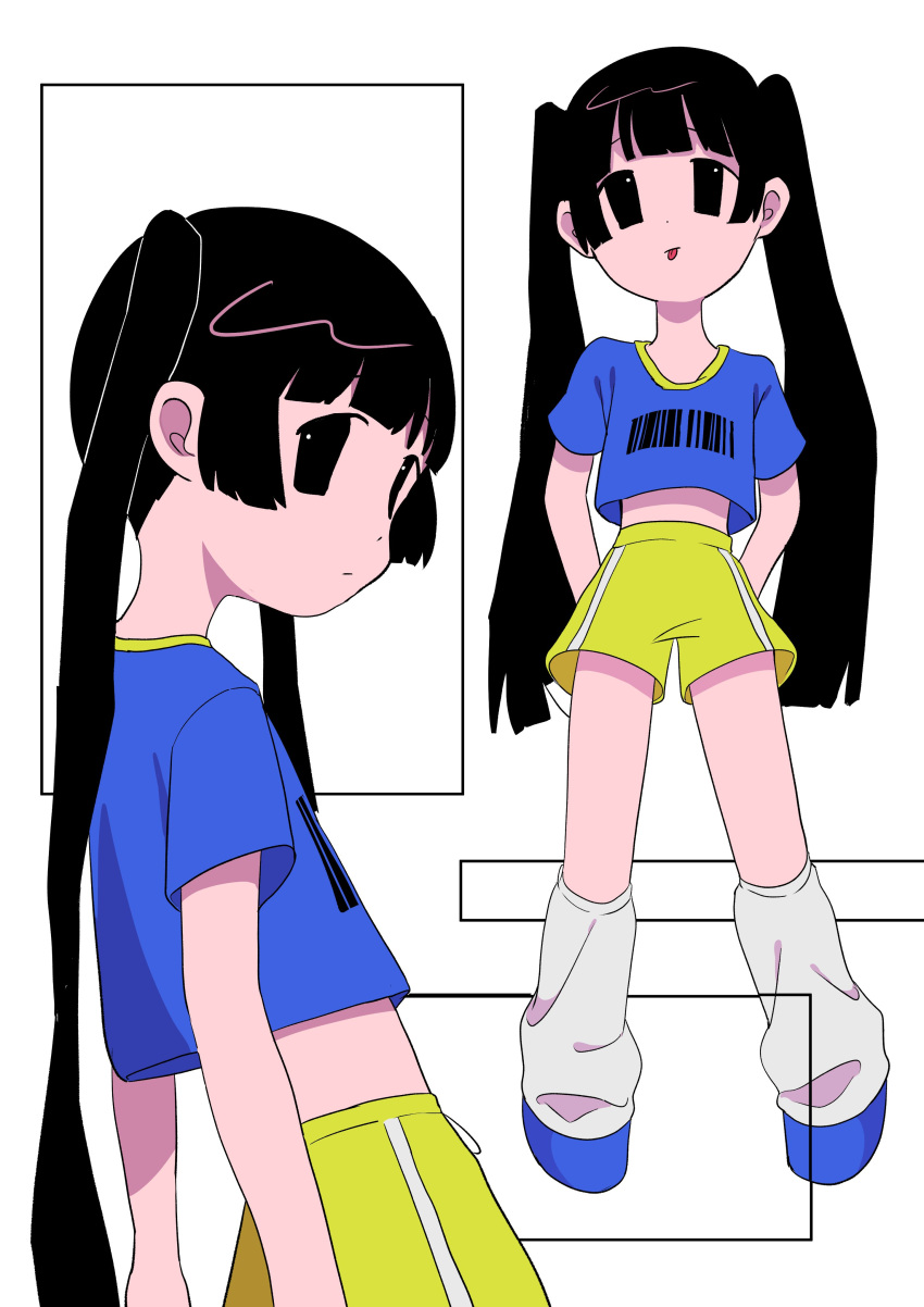 1girl, absurdres, arms_behind_back, barcode, black_eyes, black_hair, blue_footwear, blue_shirt, cropped_shirt, full_body, highres, leg_warmers, legs_apart, long_hair, looking_at_viewer, momoe_(mme_daigaku), multiple_views, original, print_shirt, shirt, short_sleeves, shorts, standing, twintails, upper_body, very_long_hair, white_background, white_leg_warmers, yellow_shorts