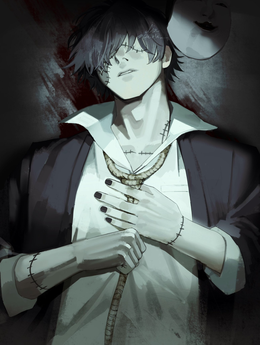 1boy, black_hair, black_nails, blood, blood_on_ground, choujin_x, collared_shirt, hair_over_eyes
