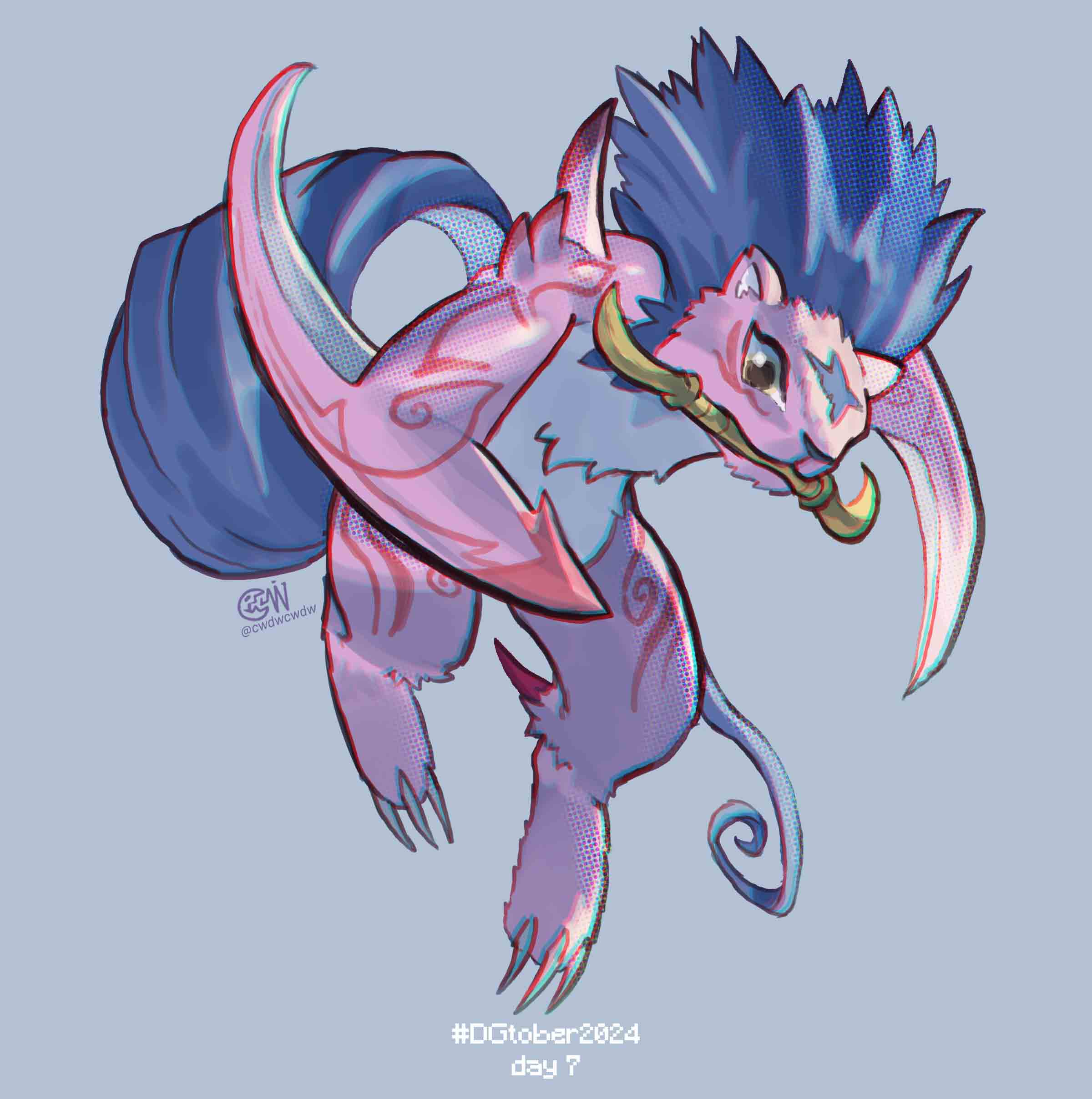 absurdres, arm_blade, blue_hair, blue_tail, body_fur, chibi, cwdw, digimon
