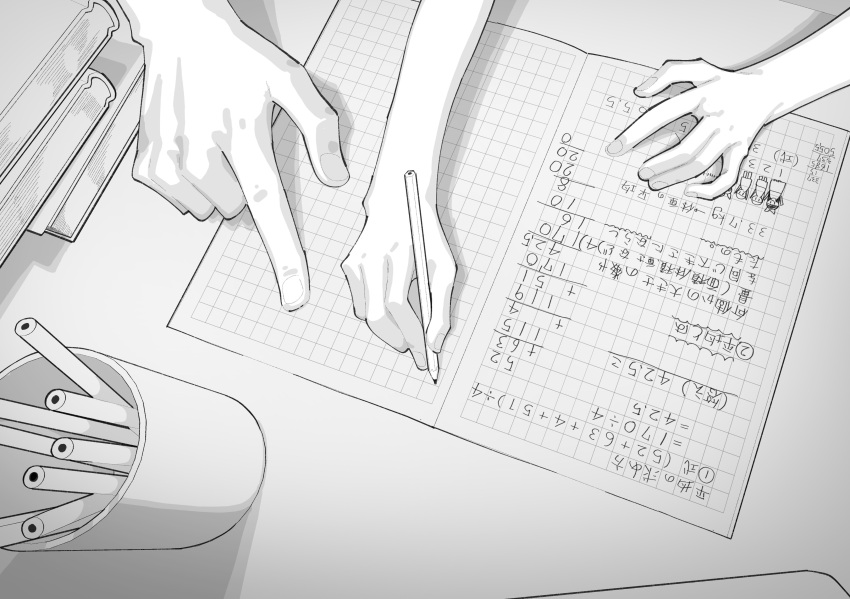 2girls, absurdres, age_difference, book, book_stack, cup, greyscale, hand_focus