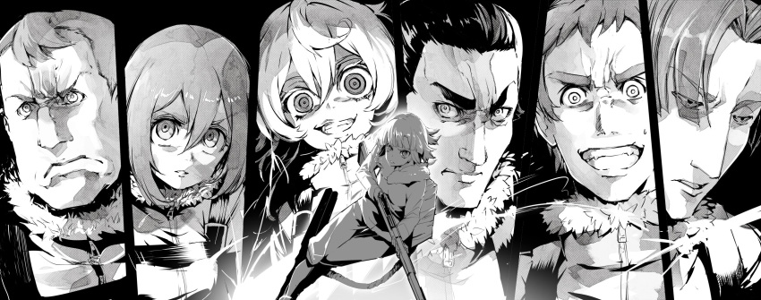 3girls, 4boys, commentary_request, crazy_smile, greyscale, grimace, gun, highres