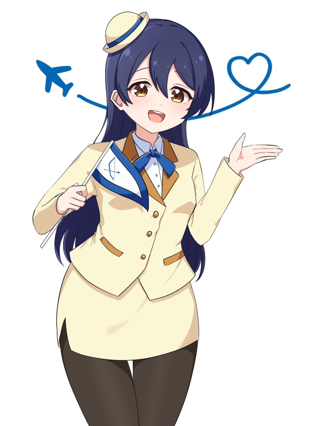 1girl, aircraft, airplane, blue_hair, blue_ribbon, breasts, commentary, contrail