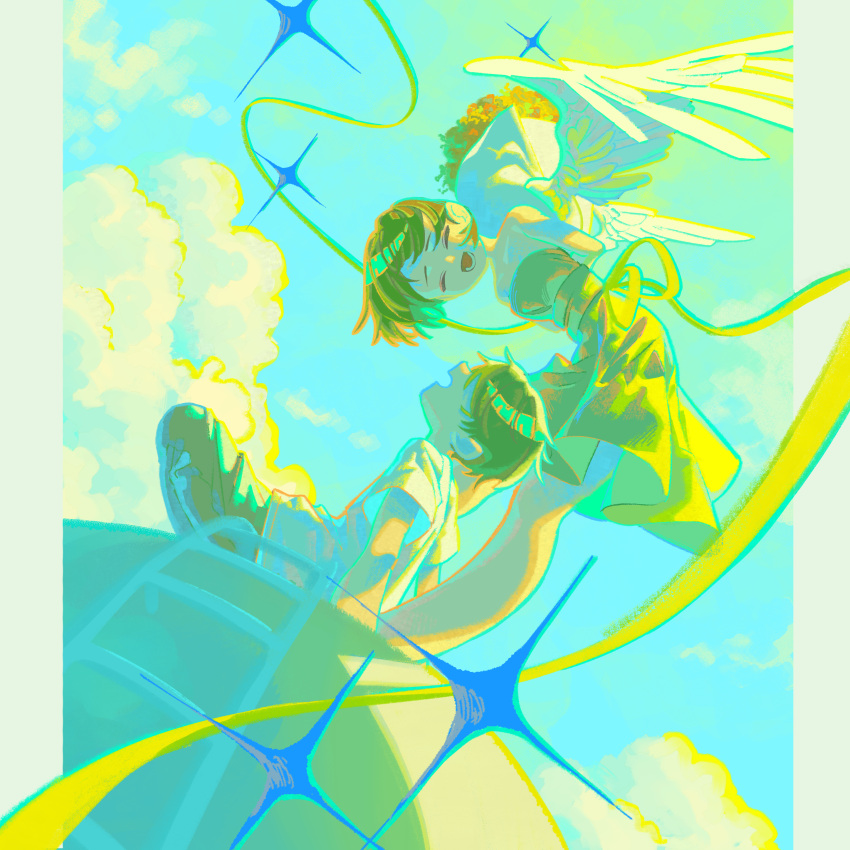 1boy, 1girl, absurdres, angel, angel_wings, blue_sky, bouquet, closed_eyes