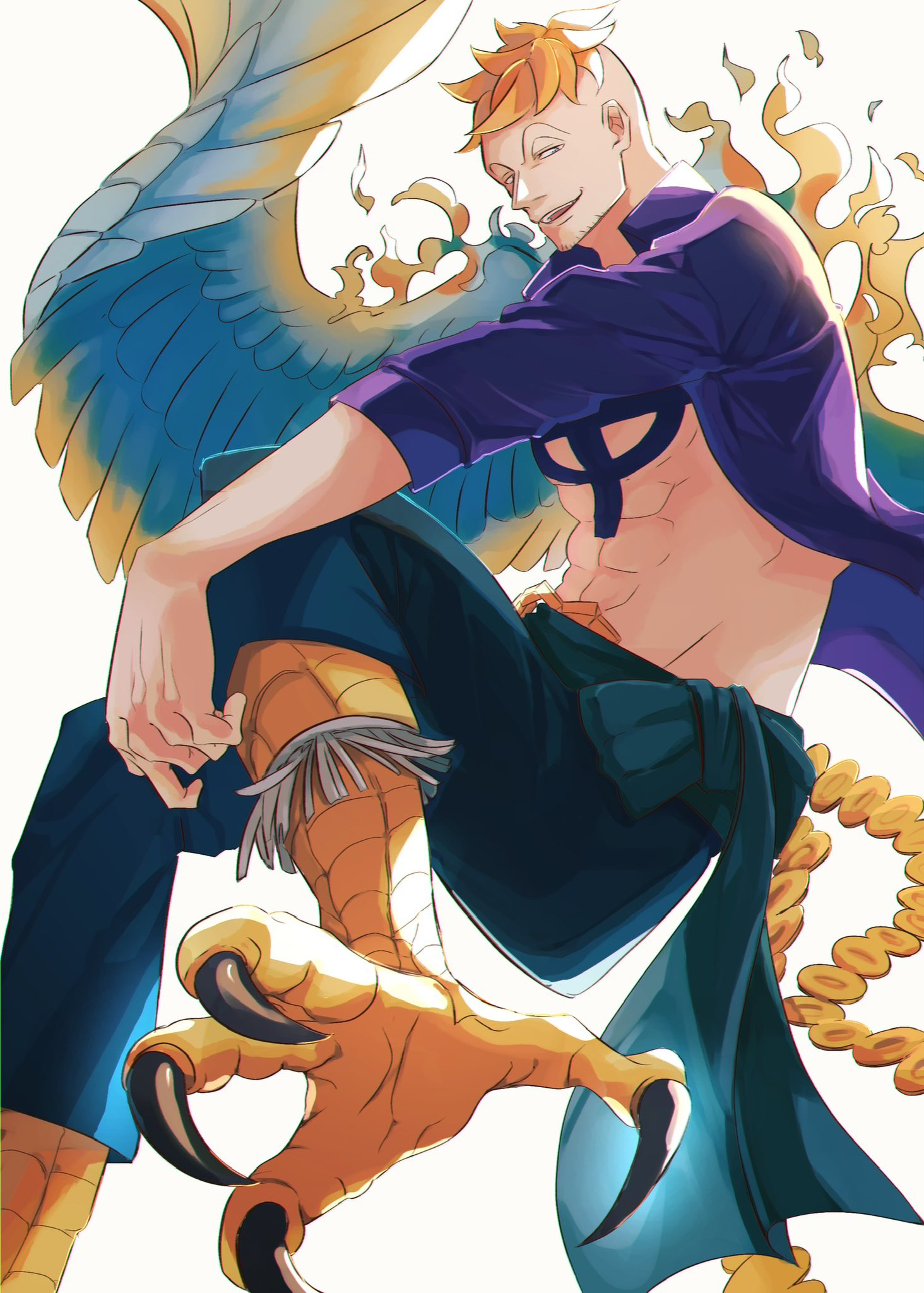 1boy, anchor_tattoo, beard_stubble, blonde_hair, blue_sash, chest_tattoo, commentary_request, crossed_legs, devil_fruit_power, facial_hair, harpy_boy, highres, kiri_220, looking_at_viewer, male_focus, marco_(one_piece), monster_boy, one_piece, open_clothes, open_shirt, purple_shirt, sash, shirt, short_hair, simple_background, smile, solo, stubble, tattoo, white_background, wings