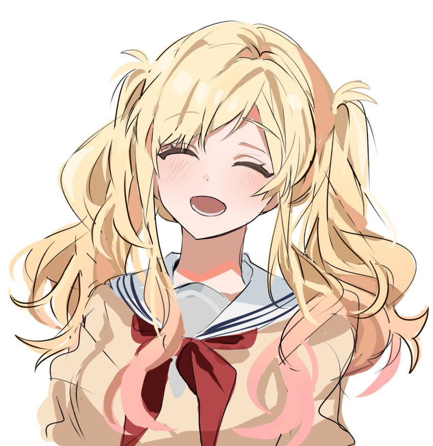 1girl, :d, ^_^, arms_at_sides, blonde_hair, blush, chu_yeon, closed_eyes
