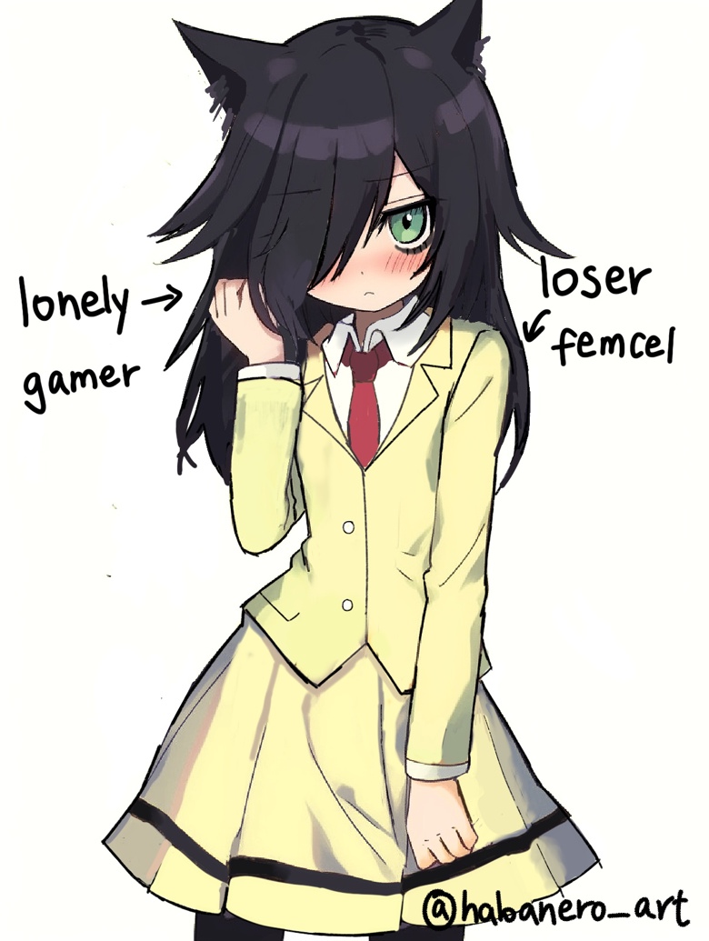 1girl, animal_ear_fluff, animal_ears, arrow_(symbol), black_hair, black_pantyhose, blush, cat_ears