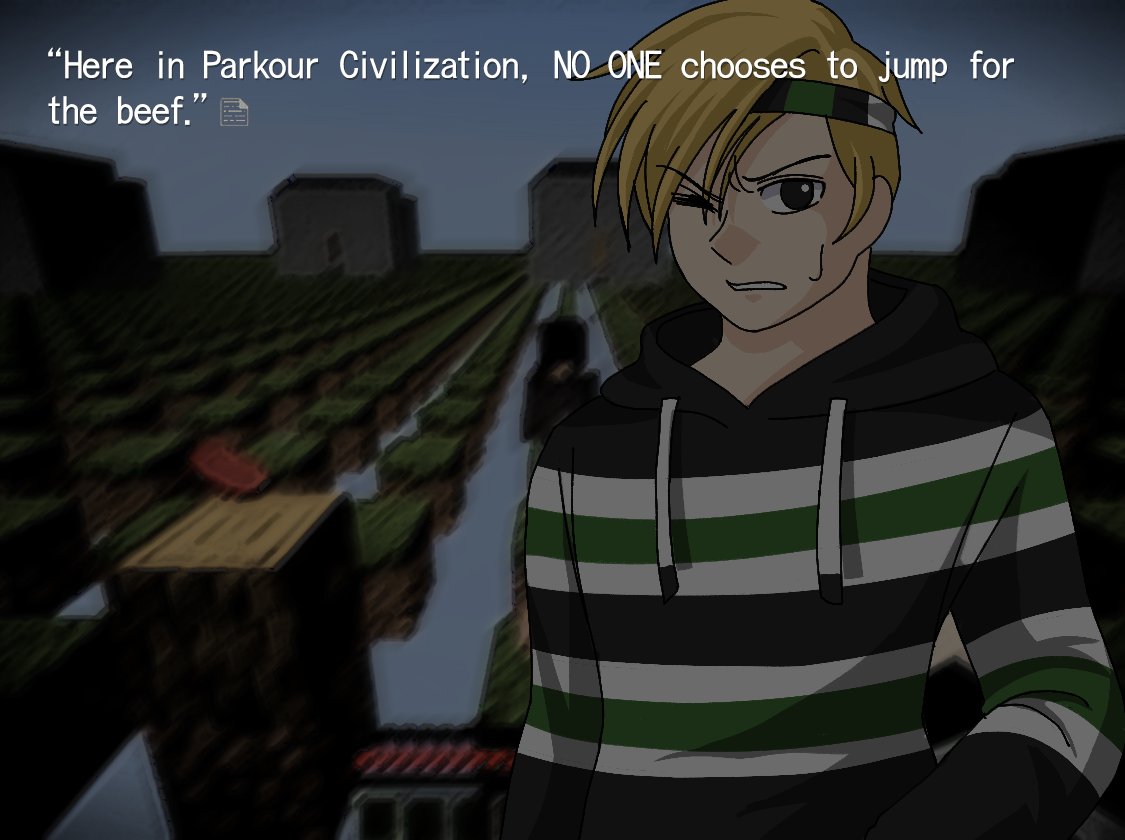 asymmetrical_bangs, black_eyes, blonde_hair, blurry, blurry_background, c-orgiis, clenched_teeth, commentary, english_commentary, english_text, evbo, headband, higurashi_no_naku_koro_ni, hood, hood_down, hoodie, minecraft, one_eye_closed, parkour_civilization, parody, ryuukishi07_(style), short_hair, striped_clothes, striped_headband, striped_hoodie, style_parody, sweatdrop, teeth, visual_novel
