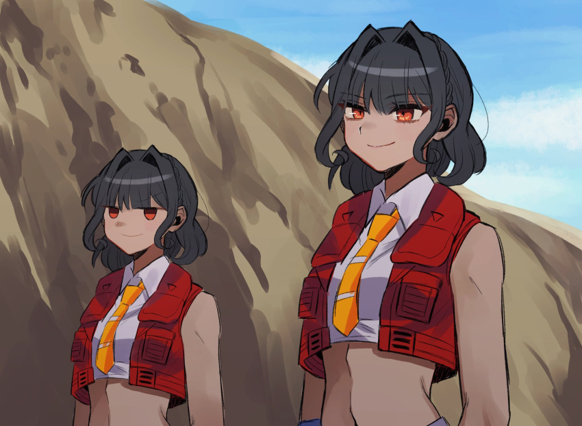 1girl, 2girls, black_hair, collared_shirt, crop_top, dark-skinned_female, dark_skin, dual_persona