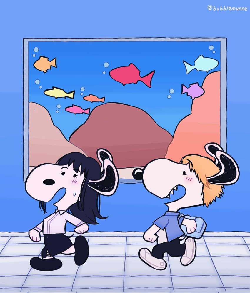 1boy, 1girl, aquarium, black_hair, black_pants, black_skirt, blue_shirt, bubblemunne, chainsaw_man, charles_schulz_(style), cosplay, denji_(chainsaw_man), denji_(chainsaw_man)_(cosplay), fish, highres, mitaka_asa, mitaka_asa_(cosplay), open_mouth, pants, peanuts_(comic), sharp_teeth, shirt, skirt, snoopy, teeth, twitter_username, white_shirt