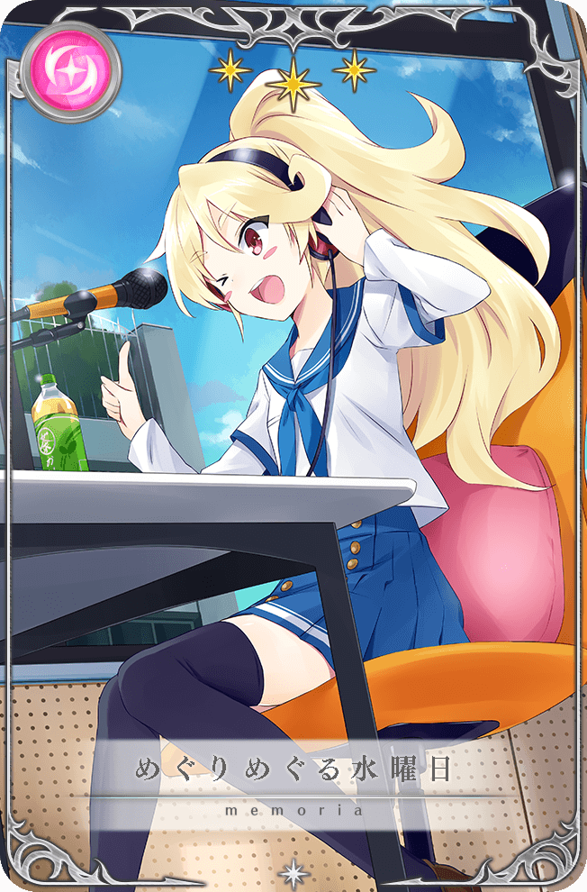>_o, 1girl, black_headphones, black_thighhighs, blonde_hair, blue_neckerchief, blue_sailor_collar, blue_skirt