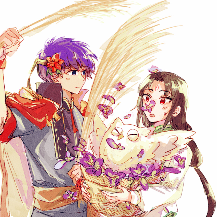 2boys, 300_pm, basket, bird, blue_eyes, commentary_request, facial_mark, feh_(fire_emblem_heroes)
