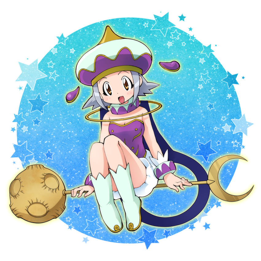 1girl, :d, angol_mois, angol_mois_(angol_form), bare_shoulders, blue_background, boots, border