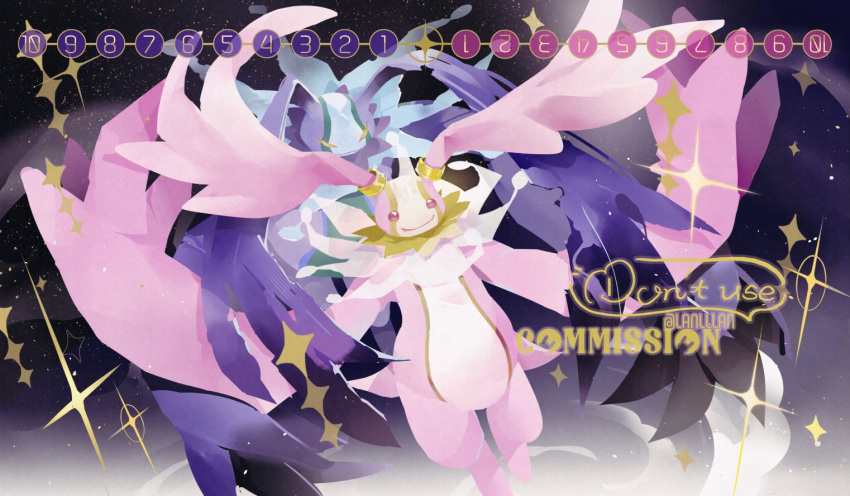 body_fur, cherubimon, cherubimon_(vice), cherubimon_(virtue), commission, digimon, digimon_(creature), digimon_card_game, english_text, full_body, lanlllan, pink_fur, purple_fur, smile, sparkle, star_(sky), yellow_eyes