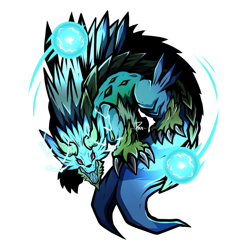 blue_fur, body_fur, danzart_24, digimon, digimon_(creature), electricity, full_body, highres, horns, monster_hunter_(series), no_humans, red_eyes, simple_background, white_background, wolf, yellow_scales, zinogarurumon