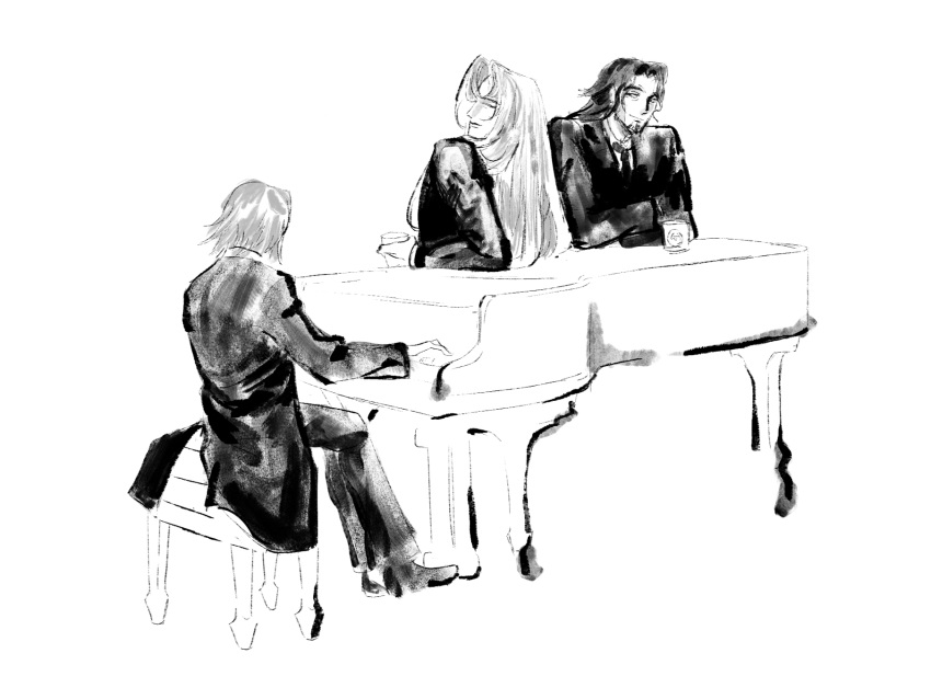 3boys, alternate_costume, angeal_hewley, commentary, crisis_core_final_fantasy_vii, cup, elbow_rest, english_commentary