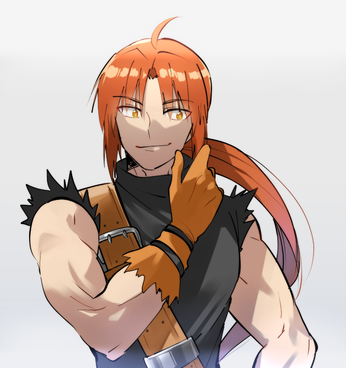1boy, ahoge, belt, black_shirt, brown_belt, brown_gloves, closed_mouth, gloves