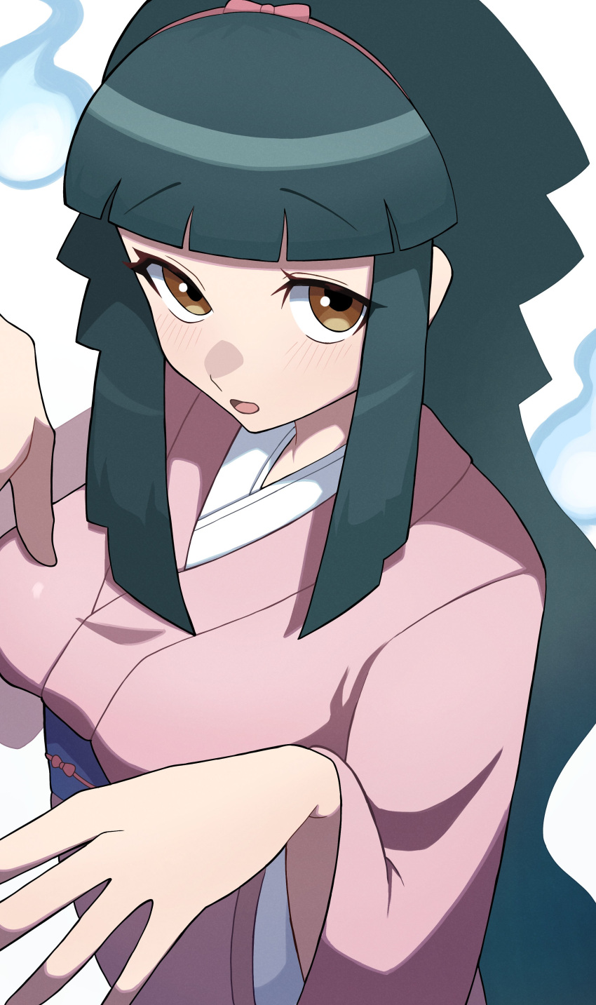 1girl, absurdres, blue_sash, blunt_bangs, breasts, brown_eyes, from_above, ghost_pose, green_hair, hands_up, highres, hitodama, impossible_clothes, japanese_clothes, keroro_gunsou, kimono, kohiru_atsuku, long_hair, long_sleeves, looking_at_viewer, looking_up, medium_breasts, omiyo_(keroro_gunsou), parted_lips, pink_kimono, sash, sidelocks, simple_background, solo, three_quarter_view, very_long_hair, white_background