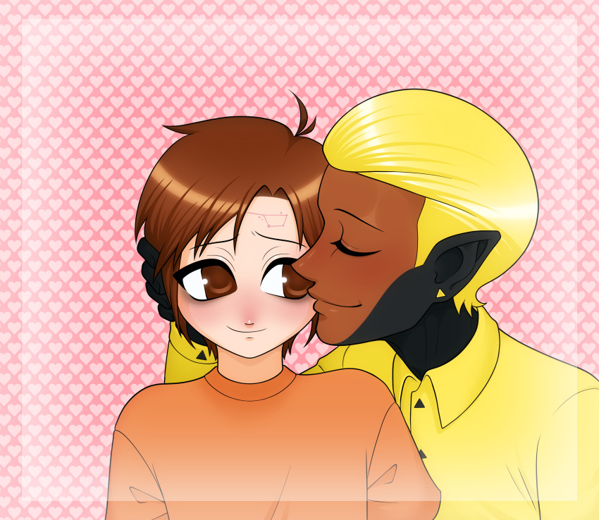 2000s_(style), 2boys, absurdres, bill_cipher, birthmark, blonde_hair, blush, brown_eyes