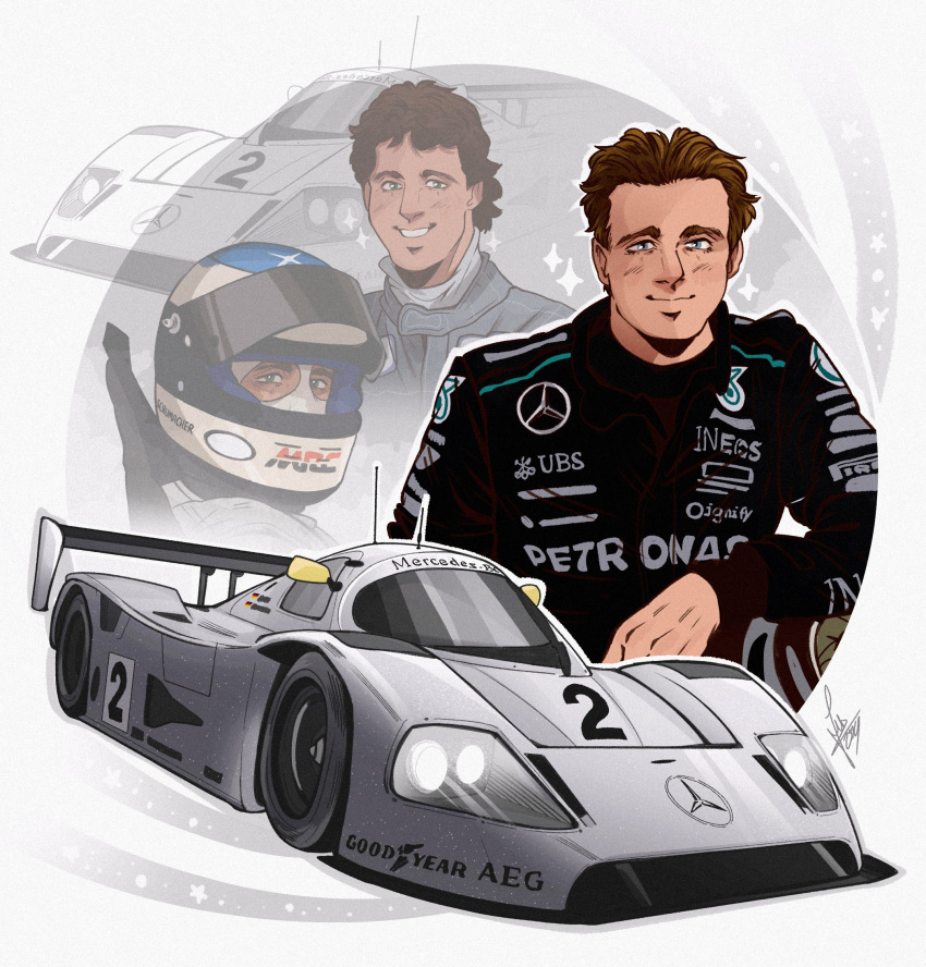 blue_eyes, brown_hair, car, formula_one, goodyear, helmet, highres, le_mans_prototype