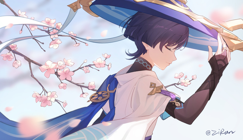 1boy, adjusting_clothes, adjusting_headwear, arm_up, asymmetrical_sleeves, black_bridal_gauntlets, blue_background, blue_hat