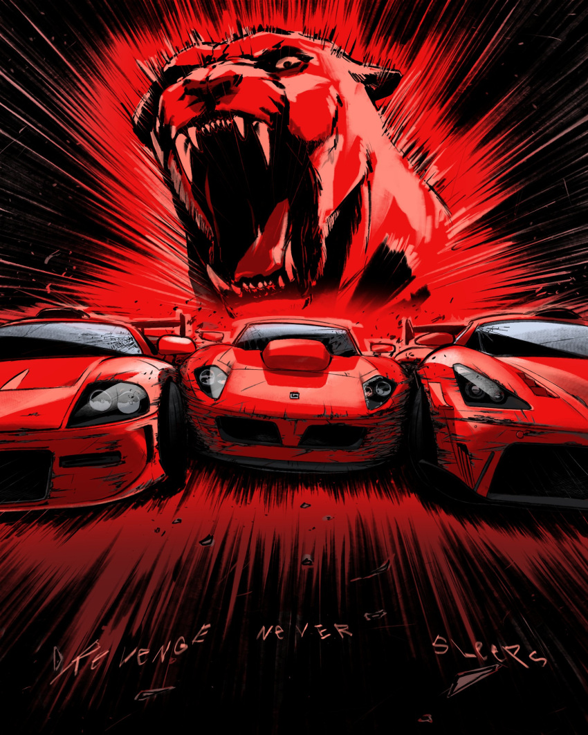 absurdres, burnout_(series), burnout_revenge, car, fangs, highres, jaguar, motion_lines, motor_vehicle, open_mouth, racing, red_car, red_theme, reex_(maximumr3x), spoiler_(automobile), sports_car, vehicle_focus