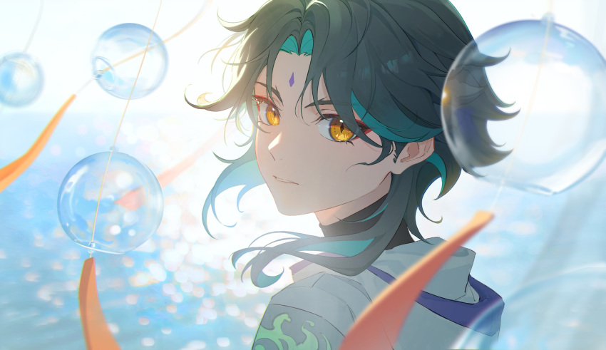 1boy, adapted_costume, aqua_hair, backlighting, bishounen, black_hair, black_shirt, blurry