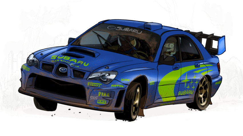 2boys, bbs_(wheel), car, driving, english_commentary, furry, furry_male, highres, motion_blur, motor_vehicle, multiple_boys, original, pirelli, race_vehicle, racecar, rally_america, rally_car, reex_(maximumr3x), spoiler_(automobile), subaru_(brand), subaru_impreza, surprised, vehicle_focus