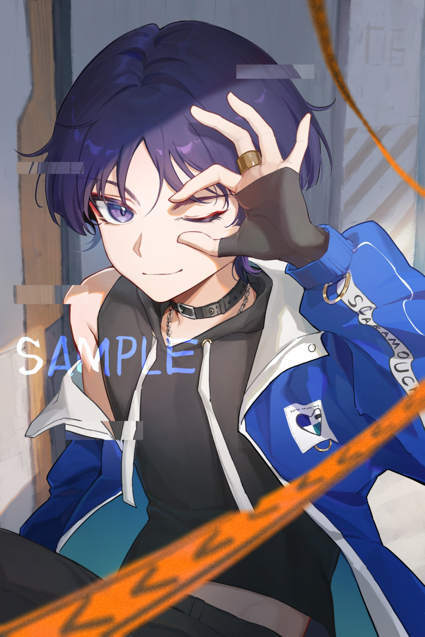 1boy, ;), adapted_costume, arm_at_side, bishounen, black_choker, black_gloves, black_hoodie