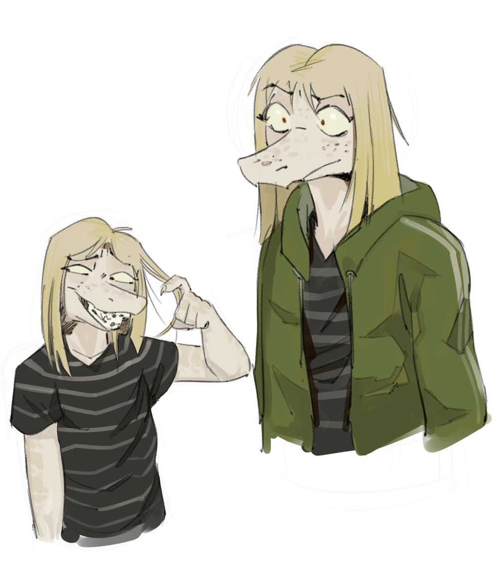 1girl, black_shirt, blonde_hair, braces, colored_sclera, english_commentary, furry, furry_female, green_jacket, hood, hood_down, hooded_jacket, jacket, looking_to_the_side, medium_hair, multiple_views, orange_eyes, raised_inner_eyebrows, reex_(maximumr3x), reptile_girl, sanpaku, shirt, short_sleeves, simple_background, striped_clothes, striped_shirt, surprised, t-shirt, v-shaped_eyebrows, wide-eyed, yellow_sclera