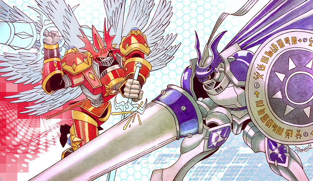 armor, asymmetrical_dual_wielding, battle, buckler, chaosdukemon, clash, dark_persona, digimoji