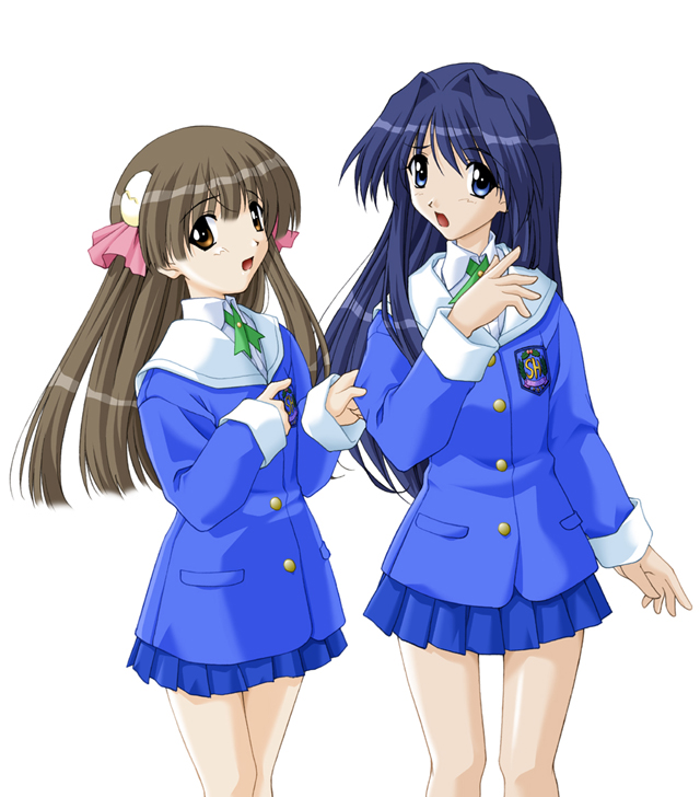 2girls, archived_source, blue_eyes, blue_hair, blue_jacket, blue_skirt, blue_sleeves, blunt_ends