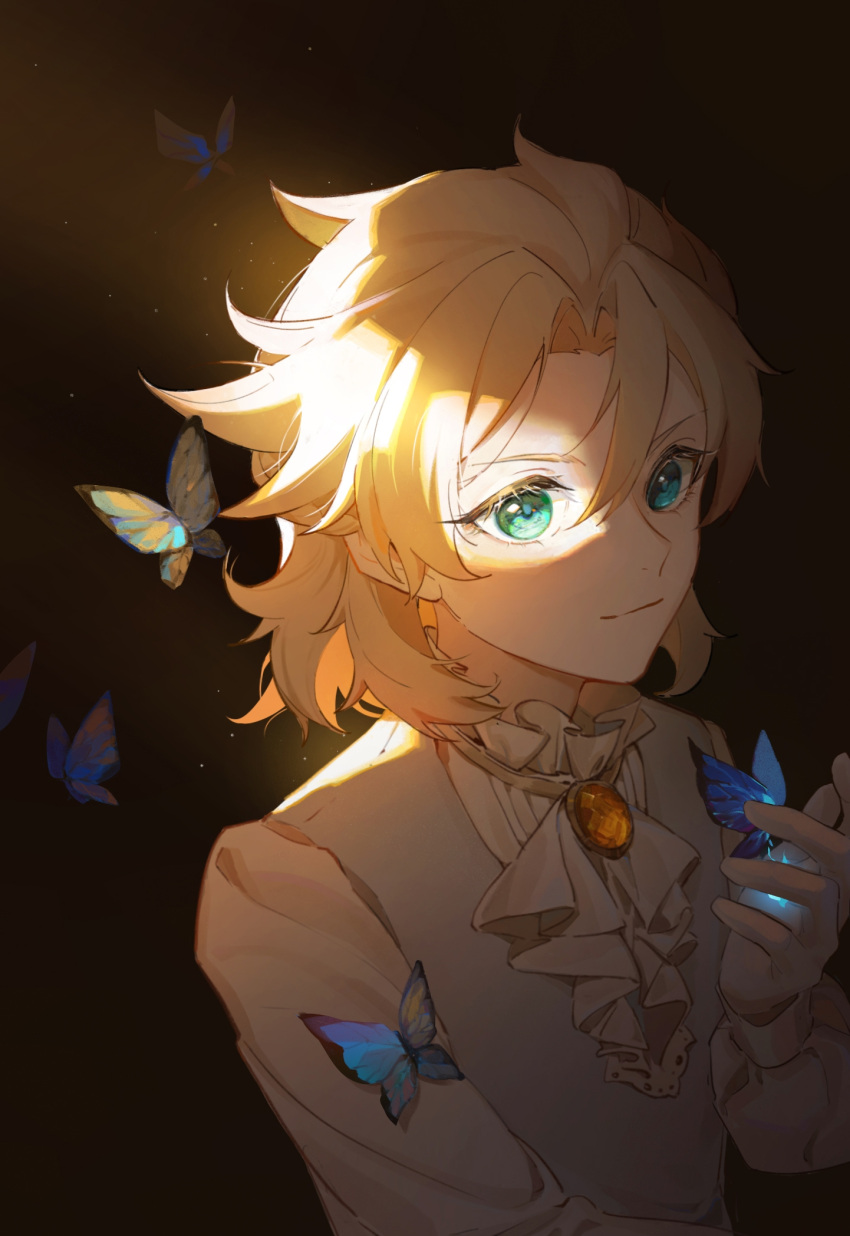 1boy, albedo_(genshin_impact), alternate_costume, aqua_eyes, ascot, bishounen, black_background, bloom