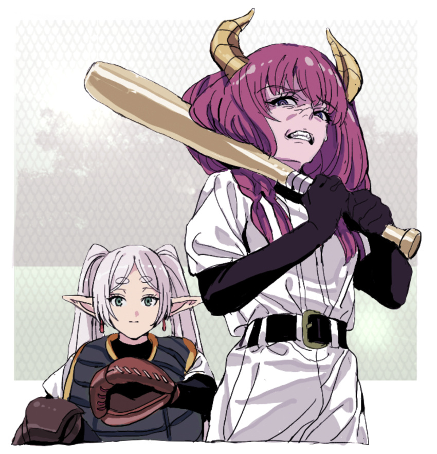 2girls, aura_(sousou_no_frieren), baseball_bat, baseball_mitt, baseball_uniform, black_gloves, catcher_(baseball), chest_protector, earrings, elbow_gloves, elf, frieren, gloves, green_eyes, grey_hair, highres, holding, holding_baseball_bat, horns, jewelry, multiple_girls, nobita_(makoto7060355), pointy_ears, purple_hair, sousou_no_frieren, sportswear, twintails, violet_eyes