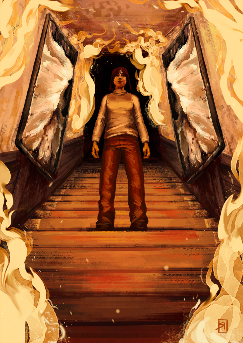 1girl, angela_orosco, brown_hair, brown_pants, denim, english_commentary, fire, highres