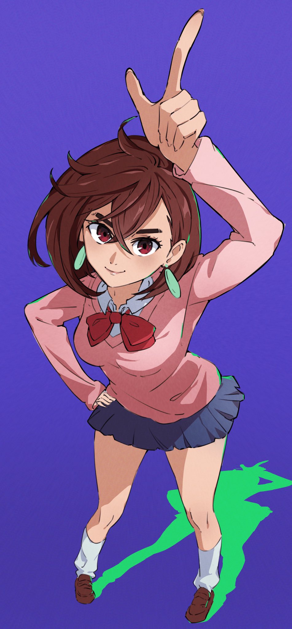 1girl, arm_up, ayase_momo, blue_skirt, bow, bowtie, breasts, brown_footwear