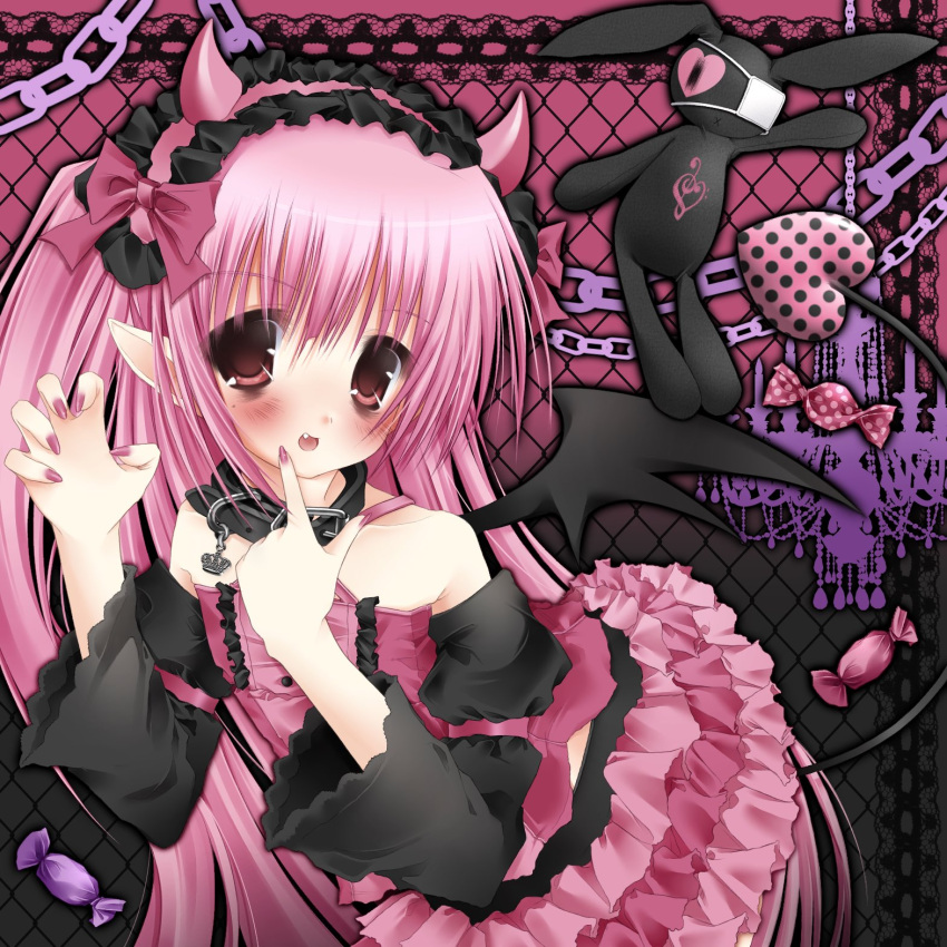 1girl, 2000s_(style), alice_(frilldevil), animal_collar, blush, candy, collar, commentary