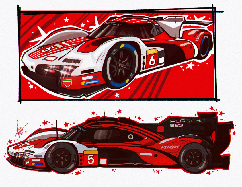 car, english_commentary, glint, highres, le_mans_prototype, motor_vehicle, no_humans, porsche