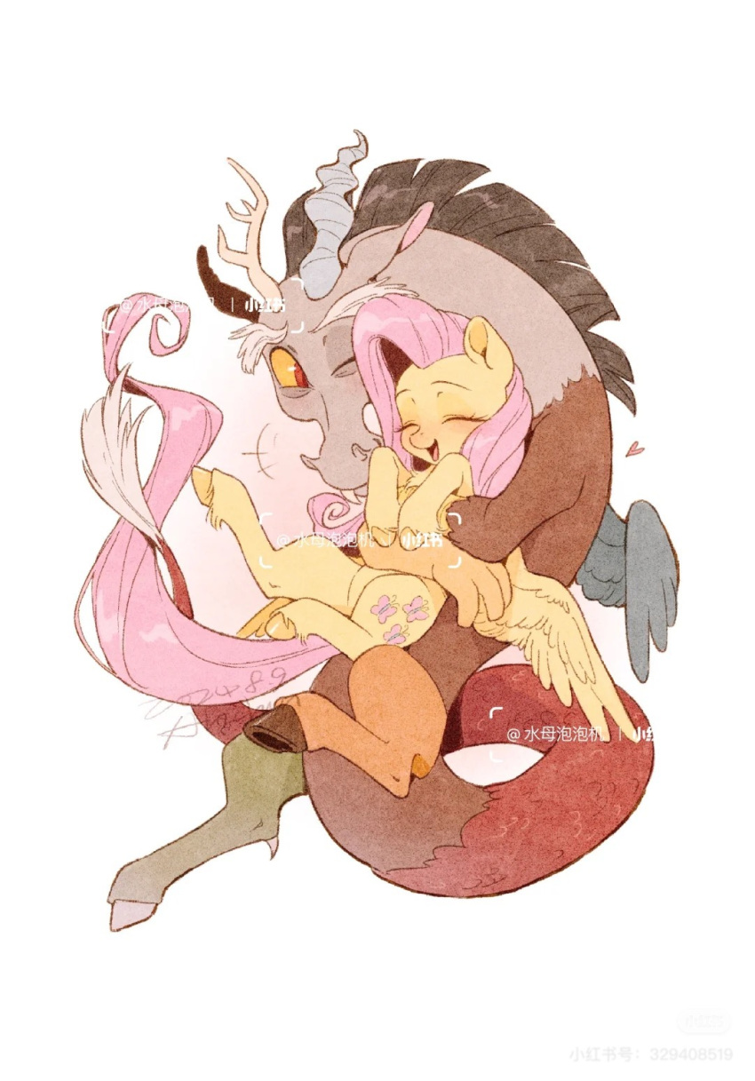 1boy, 1girl, ahchun_zai_beiwo, asymmetrical_horns, blush, carrying, carrying_person, chimera