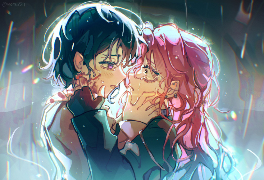 2girls, alien_stage, black_hair, black_shirt, blood, blood_on_neck, choker, coat