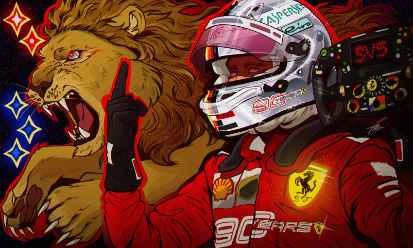 1boy, black_gloves, english_commentary, eye_trail, ferrari, formula_one, glint, gloves, grey_helmet, helmet, highres, holding, jacket, light_trail, lion, looking_ahead, looking_up, male_focus, outline, pointing, pointing_up, real_life, red_eyes, red_jacket, red_outline, schumisnoopy, sebastian_vettel, shell_(company), signature, solo, sparkle, sponsor