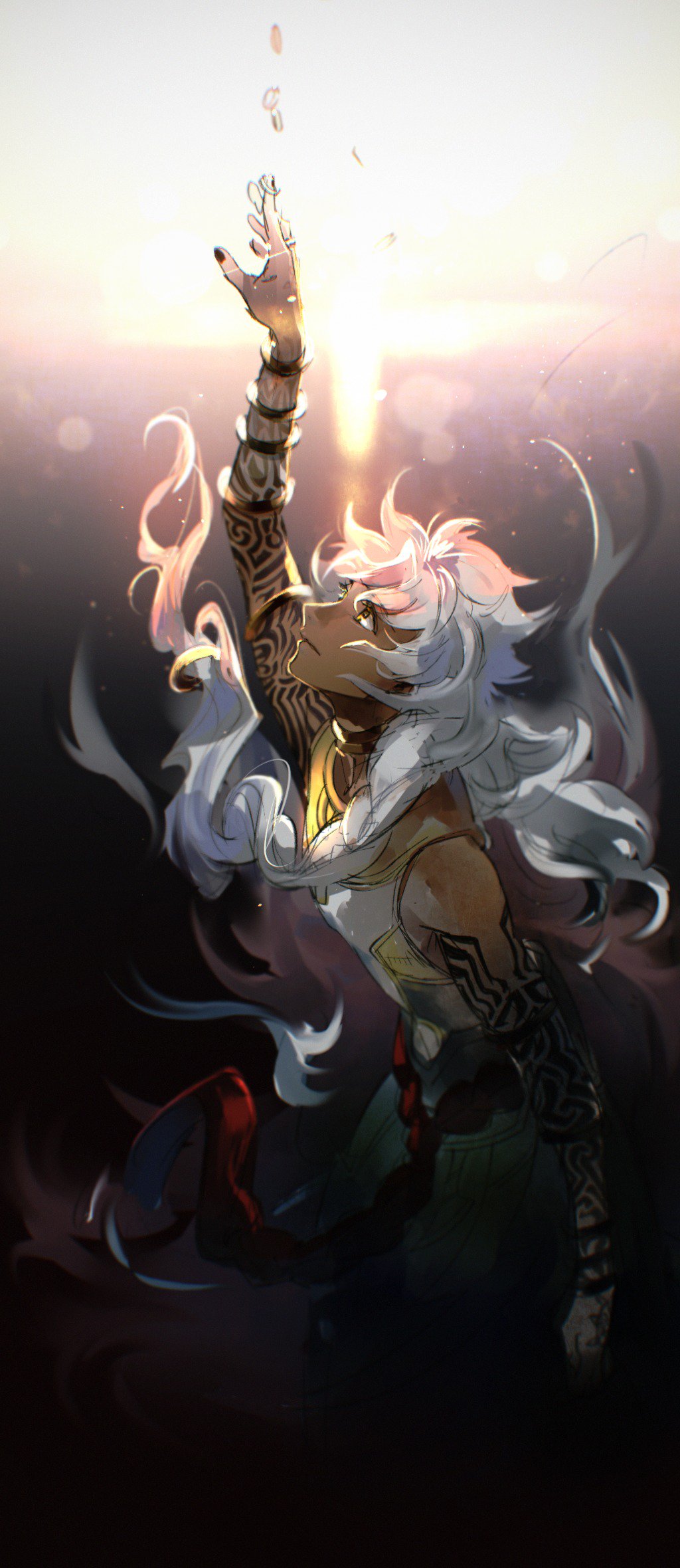 1boy, arm_at_side, arm_tattoo, arm_up, black_background, black_nails, braid, closed_mouth, dark-skinned_male, dark_skin, fate/grand_order, fate_(series), from_side, glint, glowing, hair_undone, hand_tattoo, highres, jewelry, light_particles, long_hair, looking_up, male_focus, me_(mikannu), neck_ring, reaching, ring, shirt, simple_background, single_braid, sleeveless, sleeveless_shirt, solo, solomon_(fate), tassel, tattoo, unworn_ring, very_long_hair, white_hair, white_shirt, yellow_eyes