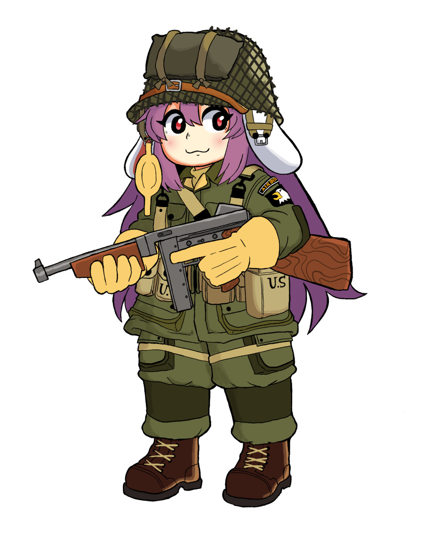 101st_airborne, 1girl, :3, alternate_costume, animal_ears, army, blush, boots