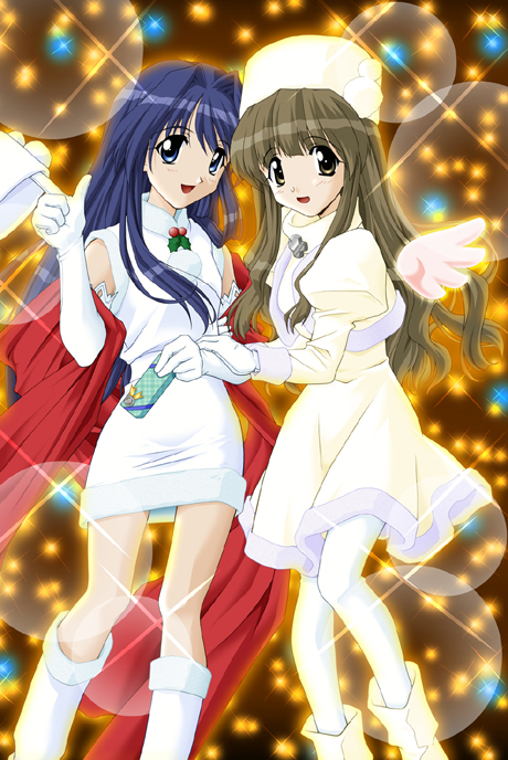 2000s_(style), 2girls, ankle_boots, aqua_collar, aqua_fur, archived_source, blue_eyes, blue_hair, boots, box, breasts, brown_eyes, christmas, collared_jacket, cropped_jacket, cross_ornament, dark_blue_hair, detached_wings, dress, elbow_gloves, feet_out_of_frame, fur-trimmed_dress, fur-trimmed_jacket, fur_collar, fur_hat, fur_sleeve_cuffs, fur_trim, gift, gift_box, gloves, grey_fur, grey_sleeve_cuffs, hair_intakes, hand_on_another's_arm, hat, holding, holding_gift, jacket, juliet_sleeves, kindle_imagine_develop, knee_boots, lens_flare, light_brown_hair, long_sidelocks, long_sleeves, looking_at_viewer, matsuo_yukihiro, medium_breasts, mini_wings, mistletoe, multiple_girls, nana_(tentama), official_art, open_mouth, papakha, pink_wings, pom_pom_(clothes), puffy_sleeves, red_shawl, second-party_source, shawl, shinozaki_chinatsu, short_dress, sidelocks, sleeve_cuffs, sparkle, straight_hair, tentama, tentama:_1st_sunny_side, thigh-highs, turtleneck, turtleneck_dress, unworn_hat, unworn_headwear, wavy_hair, white_dress, white_footwear, white_gloves, white_hat, white_thighhighs, wings, yashiro_shizuka, yellow_collar, yellow_dress, yellow_footwear, yellow_hat, yellow_sleeves