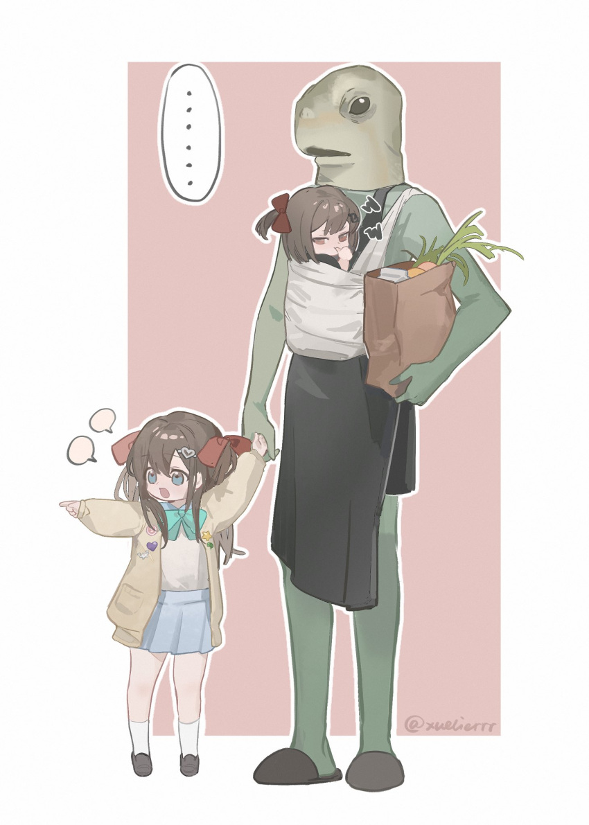 ..., 1boy, 2girls, apron, aqua_bow, aqua_bowtie, baby_carrier, bag