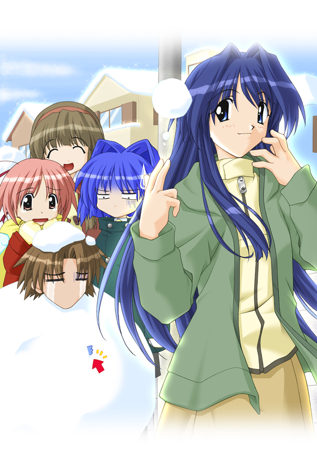 2000s_(style), 2boys, 3girls, aizawa_takashi, alternate_costume, aoi_(bird)_(tentama), aoi_(tentama), aqua_wings, archived_source, arrow_(symbol), black_eyes, blue_eyes, blue_hair, blue_sky, brown_skirt, building, buttons, closed_eyes, closed_mouth, clouds, coat, collar, collared_coat, constricted_pupils, crying, dark_blue_hair, day, defeat, detached_wings, duffel_coat, green_coat, green_collar, green_hood, green_sleeve_cuffs, green_sleeves, grey_shorts, hair_intakes, hairband, hood, hood_down, hooded_coat, house, jacket, jacket_under_coat, karin_(tentama), kindle_imagine_develop, light_brown_hair, long_hair, long_sidelocks, looking_at_another, matsuo_yukihiro, mittens, multiple_boys, multiple_girls, nana_(tentama), official_alternate_costume, official_art, open_collar, open_mouth, orange_hairband, outdoors, parted_lips, pink_eyes, pink_hair, red_coat, sad, scarf, second-party_source, shinozaki_chinatsu, shorts, sidelocks, skirt, sky, smile, snowball, snowman, straight_hair, streaming_tears, stuck, suburb, tearing_up, tears, tentama, tentama:_1st_sunny_side, turtleneck, turtleneck_jacket, very_long_hair, white_mittens, white_undershirt, white_wings, wings, winter_clothes, yashiro_shizuka, yellow_jacket, yellow_mittens, yellow_scarf, zipper