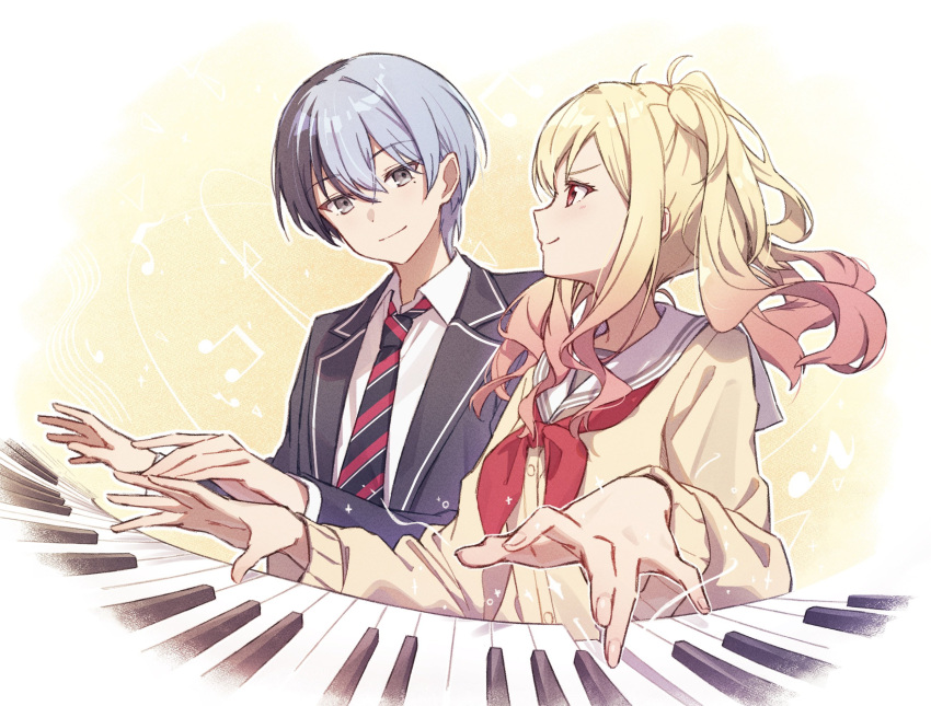 1boy, 1girl, aoyagi_touya, asunaro_(vxsz5k_mamun), black_hair, black_jacket, black_necktie, blazer